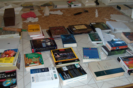 Floor covered with heavy books