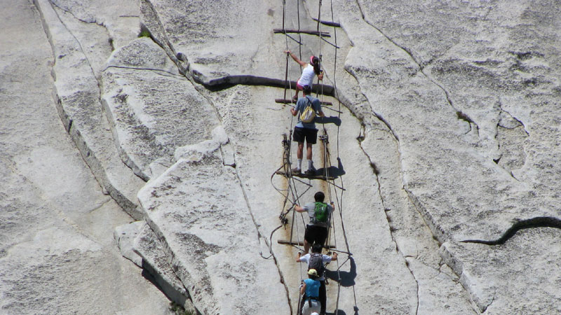 Close-up of people climbing the cables